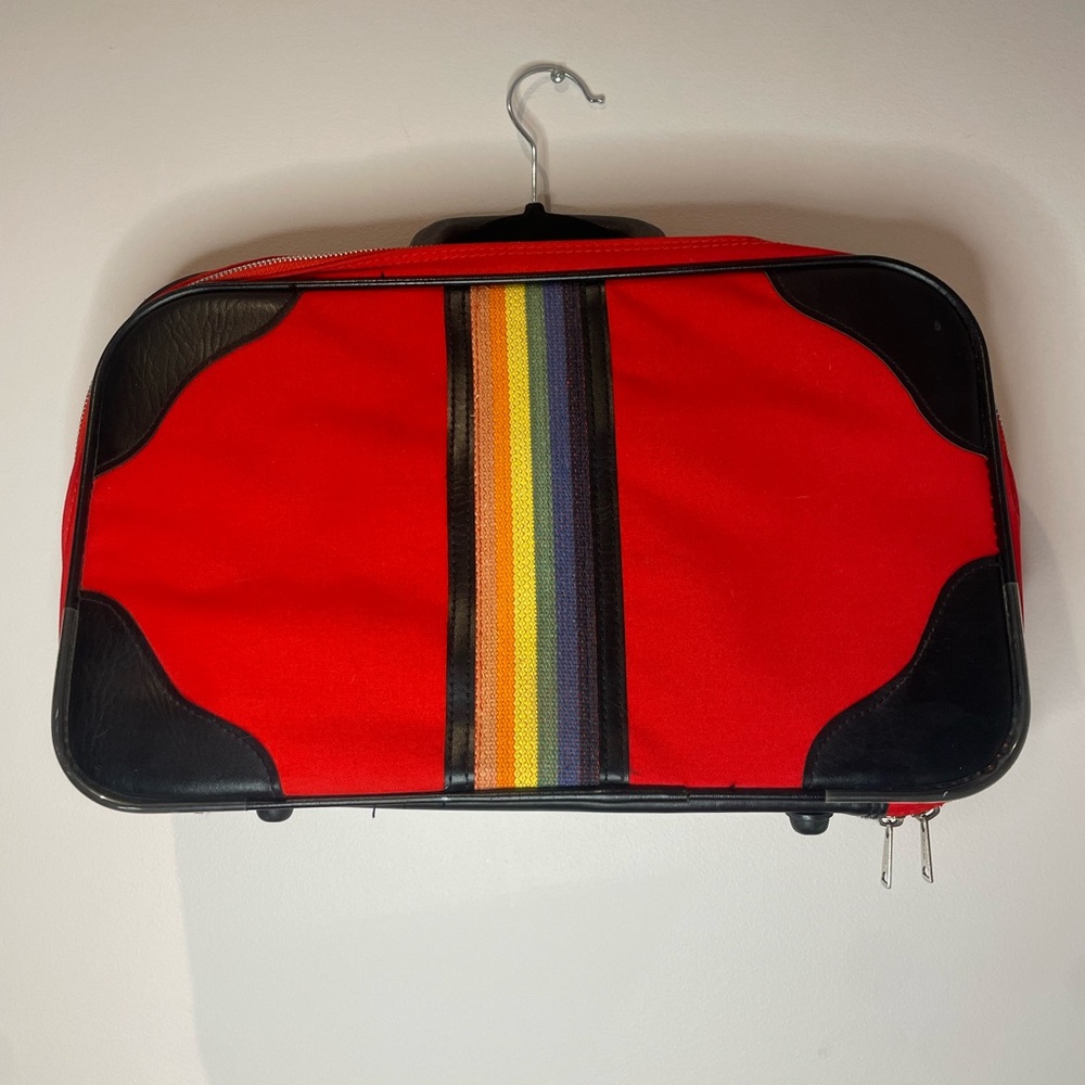Vintage Red Travel Bag with Rainbow and Black Accents